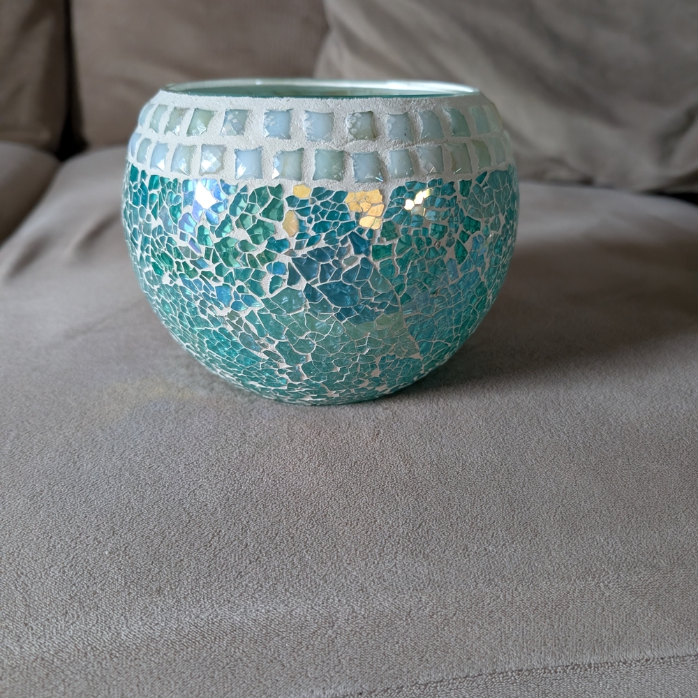 Mosaic Glass Candle Holder - Turquoise and White